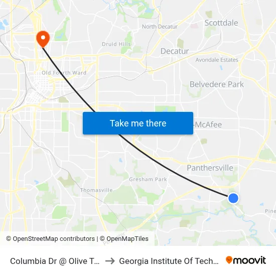 Columbia Dr @ Olive Tree Ct to Georgia Institute Of Technology map