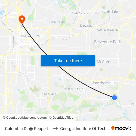Columbia Dr @ Peppertree Cir to Georgia Institute Of Technology map