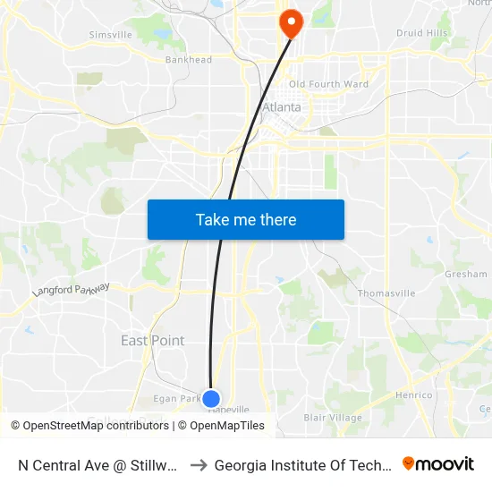 N Central Ave @ Stillwood Dr to Georgia Institute Of Technology map