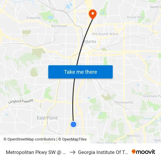 Metropolitan Pkwy SW @ Steve Dr SW to Georgia Institute Of Technology map