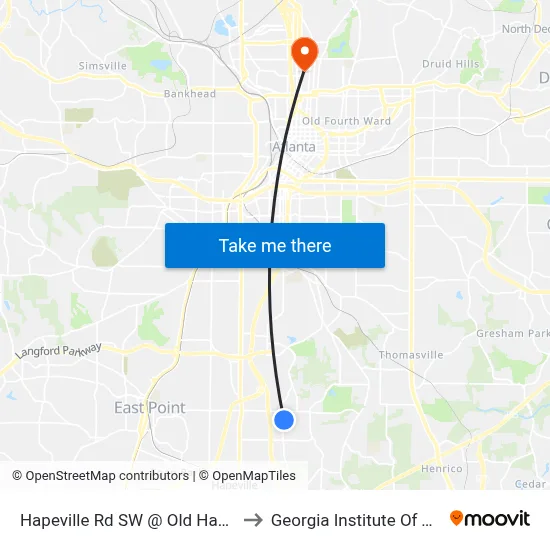 Hapeville Rd SW @ Old Hapeville Rd SW to Georgia Institute Of Technology map
