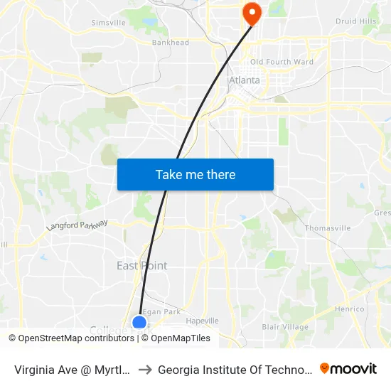 Virginia Ave @ Myrtle St to Georgia Institute Of Technology map