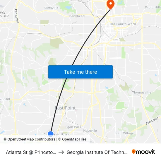 Atlanta St @ Princeton Dr to Georgia Institute Of Technology map