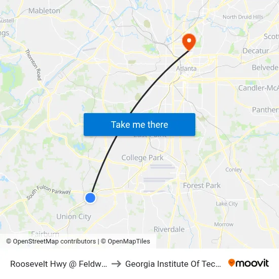 Roosevelt Hwy @ Feldwood Rd to Georgia Institute Of Technology map