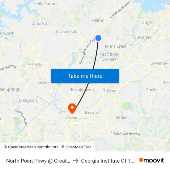 North Point Pkwy @ Great Oaks Way to Georgia Institute Of Technology map