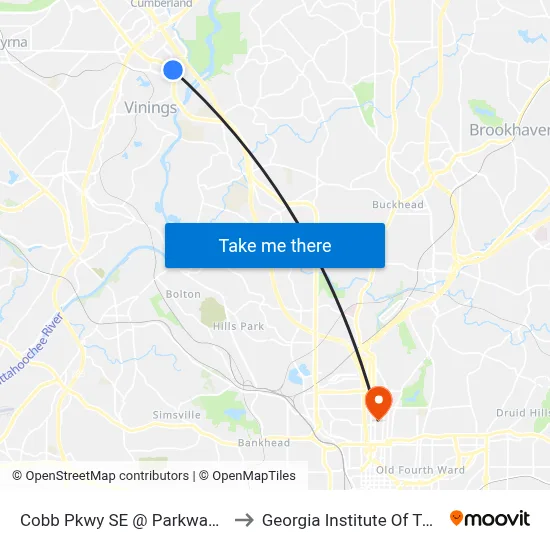 Cobb Pkwy SE @ Parkway Pointe SE to Georgia Institute Of Technology map