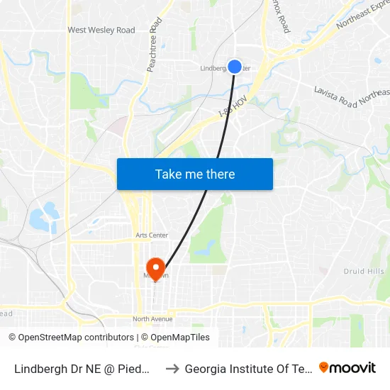 Lindbergh Dr NE @ Piedmont Rd NE to Georgia Institute Of Technology map