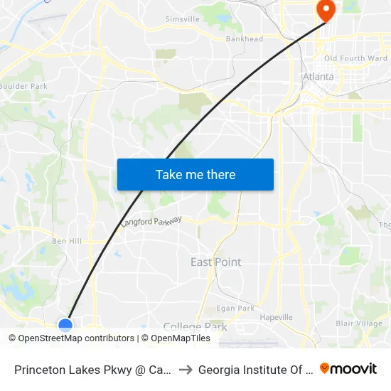 Princeton Lakes Pkwy @ Camp Creek Pkwy to Georgia Institute Of Technology map