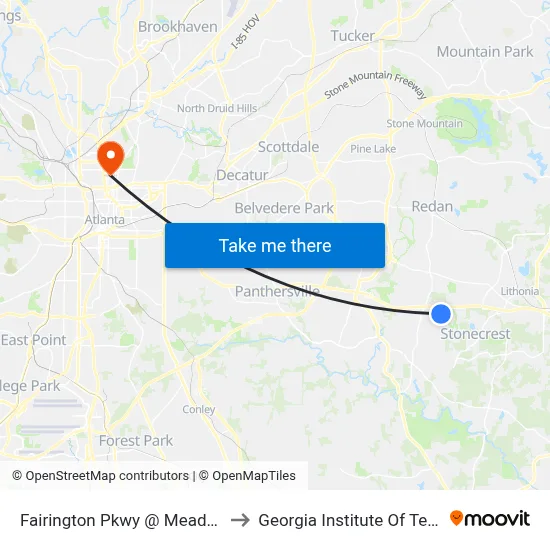 Fairington Pkwy @ Meadowood Cir to Georgia Institute Of Technology map