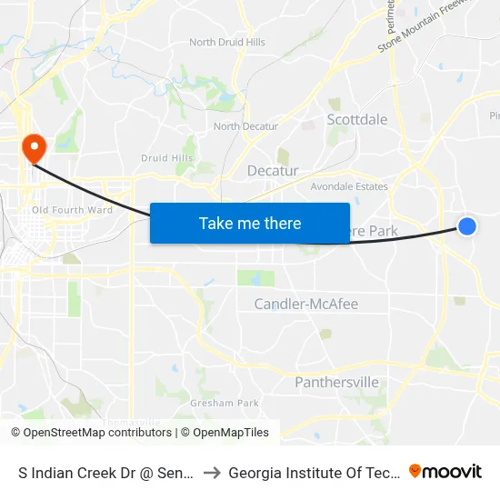 S Indian Creek Dr @ Seneca Way to Georgia Institute Of Technology map