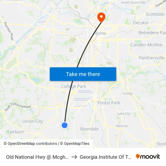 Old National Hwy @ Mcghee Landing to Georgia Institute Of Technology map