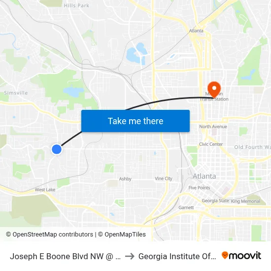 Joseph E Boone Blvd NW @ W Lake Ave NW to Georgia Institute Of Technology map
