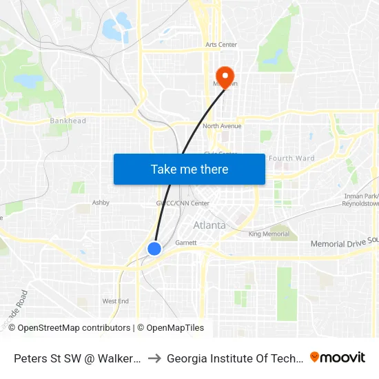 Peters St SW @ Walker St SW to Georgia Institute Of Technology map