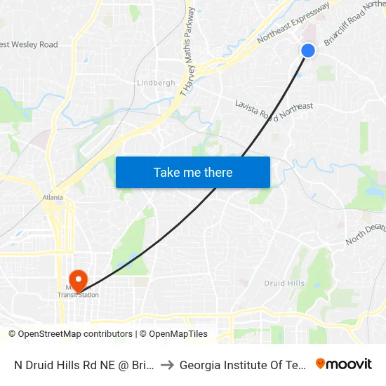 N Druid Hills Rd NE @ Briarcliff Rd to Georgia Institute Of Technology map