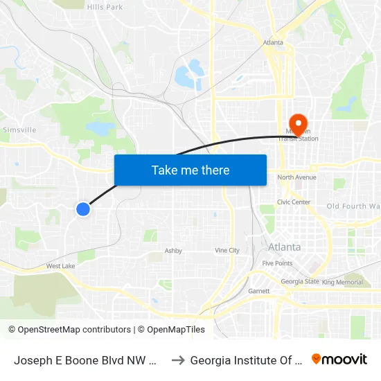 Joseph E Boone Blvd NW @ Lanier St NW to Georgia Institute Of Technology map