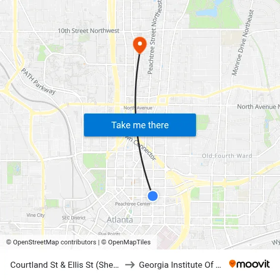 Courtland St & Ellis St (Sheraton Atlanta) to Georgia Institute Of Technology map