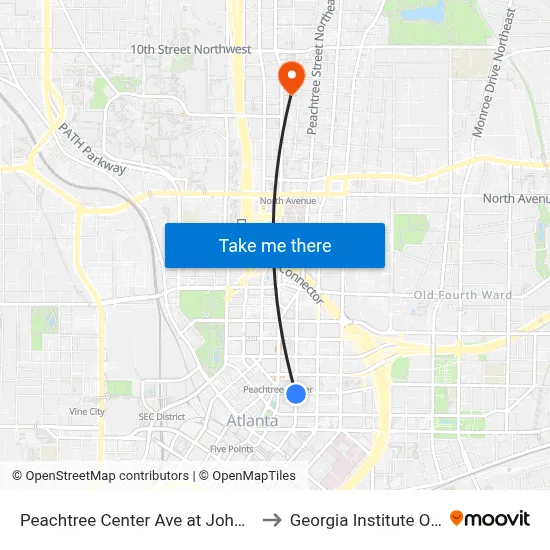 Peachtree Center Ave at John Wesley Dobbs Ave to Georgia Institute Of Technology map