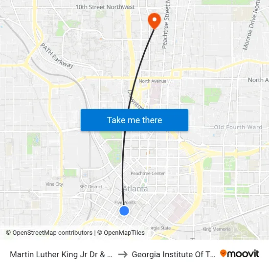 Martin Luther King Jr Dr & Peachtree St to Georgia Institute Of Technology map