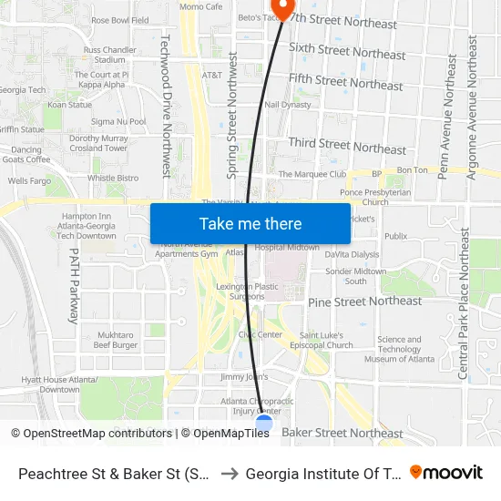 Peachtree St & Baker St (Suntrust Bldg) to Georgia Institute Of Technology map