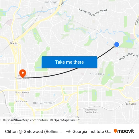 Clifton @ Gatewood (Rollins Sch Public Health) to Georgia Institute Of Technology map
