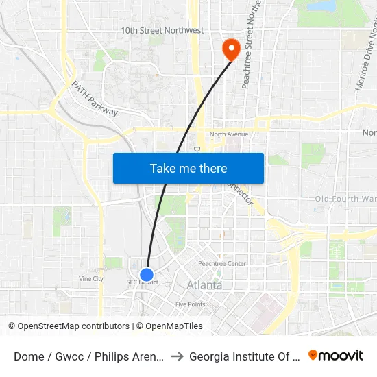 Dome / Gwcc / Philips Arena / Cnn Center to Georgia Institute Of Technology map