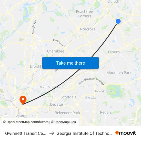 Gwinnett Transit Center to Georgia Institute Of Technology map