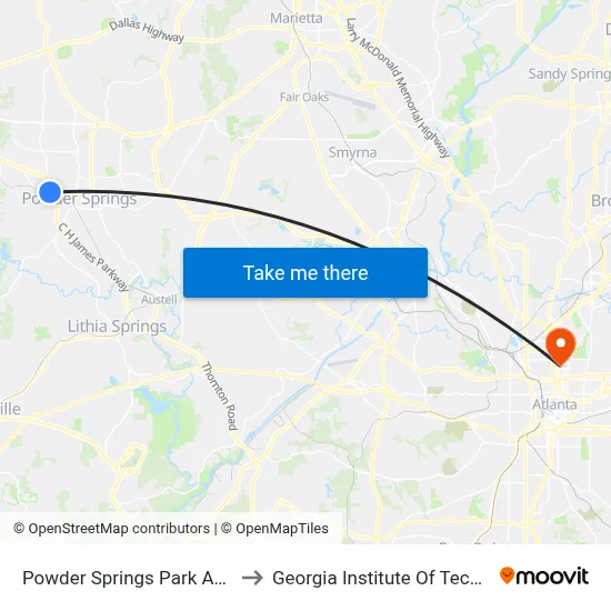 Powder Springs Park And Ride to Georgia Institute Of Technology map