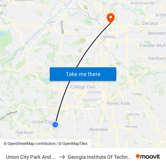 Union City Park And Ride to Georgia Institute Of Technology map