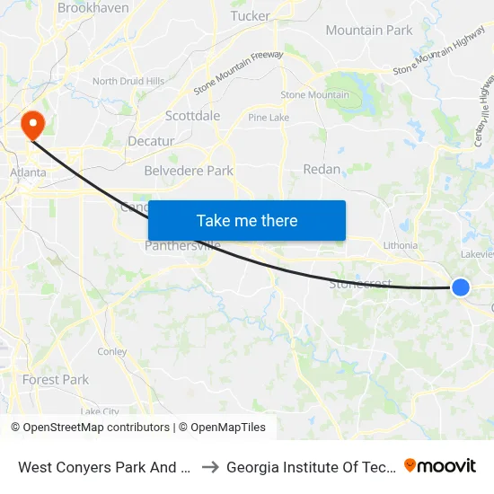 West Conyers Park And Ride (Dt) to Georgia Institute Of Technology map