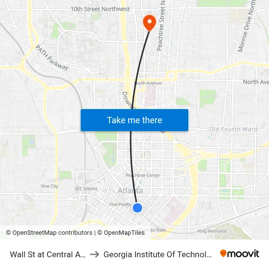 Wall St at Central Ave to Georgia Institute Of Technology map