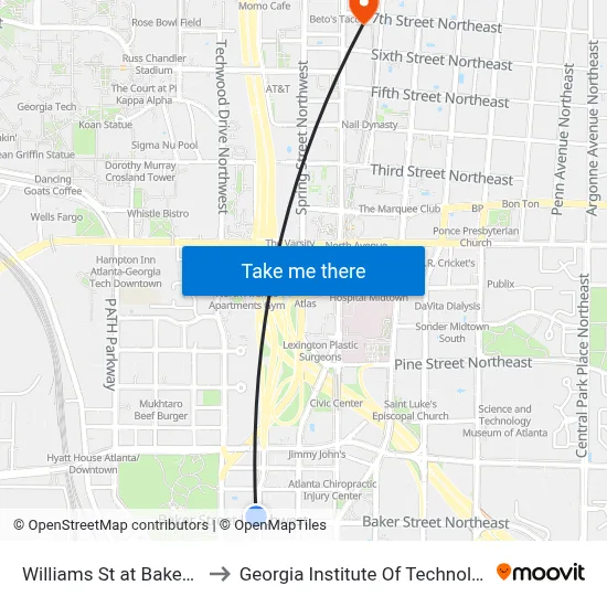 Williams St at Baker St to Georgia Institute Of Technology map