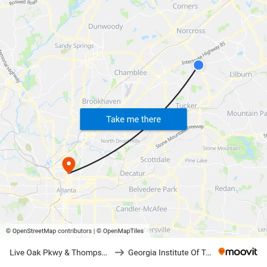 Live Oak Pkwy & Thompson Pkwy Ob to Georgia Institute Of Technology map