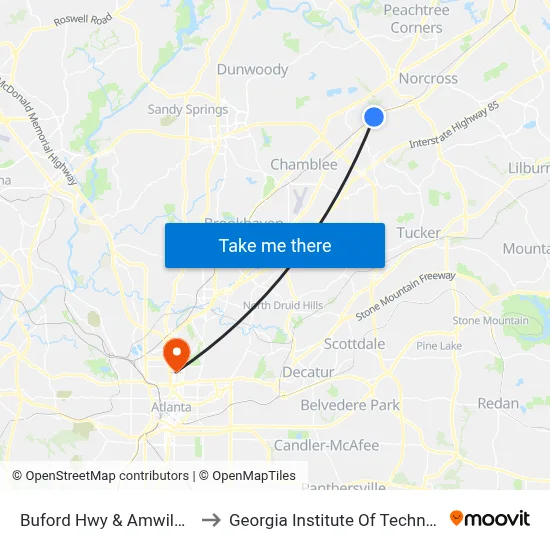 Buford Hwy & Amwiler Ob to Georgia Institute Of Technology map