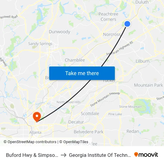 Buford Hwy & Simpson Cir to Georgia Institute Of Technology map