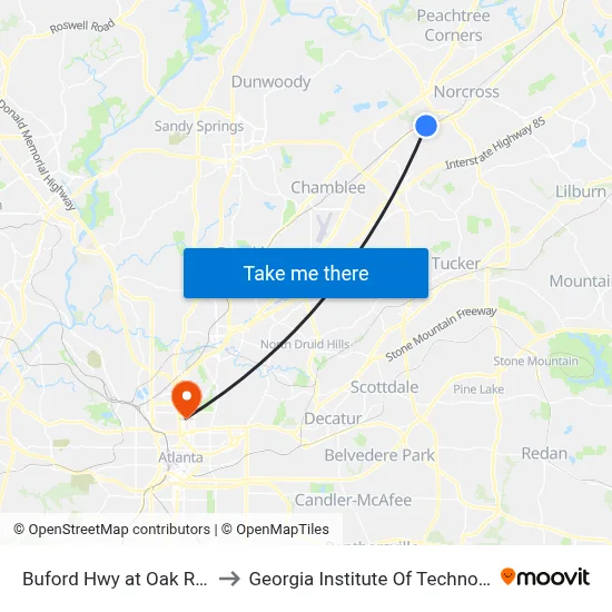 Buford Hwy at Oak Rd Ib to Georgia Institute Of Technology map