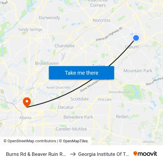 Burns Rd & Beaver Ruin Rd (Chevron) to Georgia Institute Of Technology map