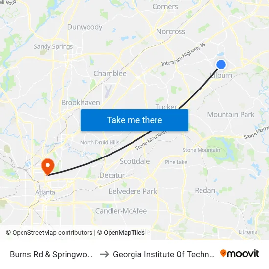 Burns Rd & Springwood Dr to Georgia Institute Of Technology map