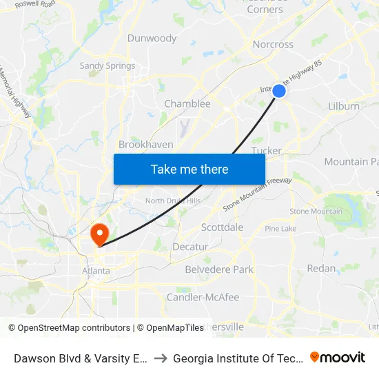 Dawson Blvd & Varsity Entrane 1 to Georgia Institute Of Technology map