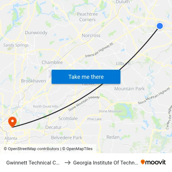 Gwinnett Technical College to Georgia Institute Of Technology map