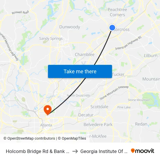 Holcomb Bridge Rd & Bank Of America Ob to Georgia Institute Of Technology map