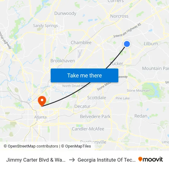 Jimmy Carter Blvd & Walmart Ob to Georgia Institute Of Technology map
