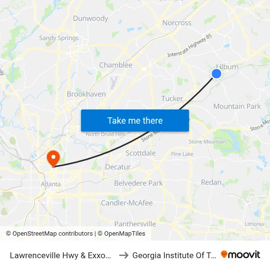 Lawrenceville Hwy & Exxon Gas Station to Georgia Institute Of Technology map