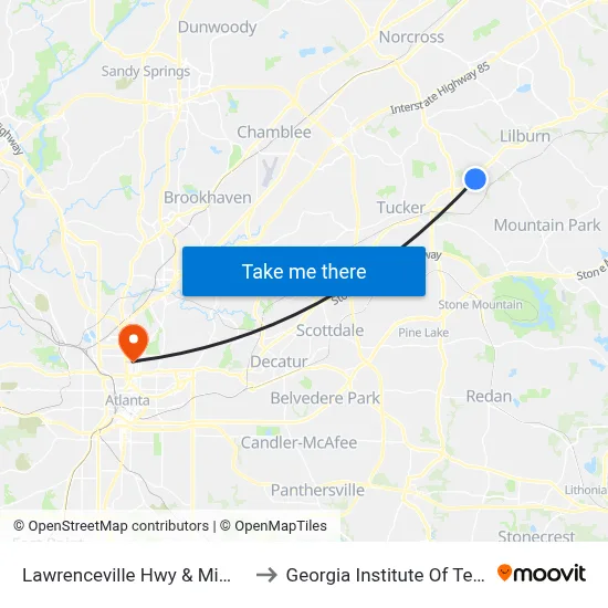 Lawrenceville Hwy & Mimosa Cir Ib to Georgia Institute Of Technology map
