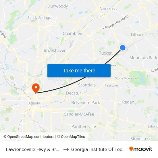 Lawrenceville Hwy & Braxton Pl to Georgia Institute Of Technology map