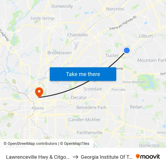 Lawrenceville Hwy & Citgo Gas Station to Georgia Institute Of Technology map