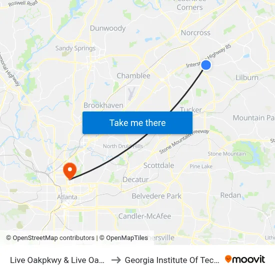 Live Oakpkwy & Live Oak Center to Georgia Institute Of Technology map