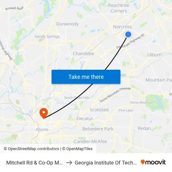 Mitchell Rd & Co-Op Ministry to Georgia Institute Of Technology map