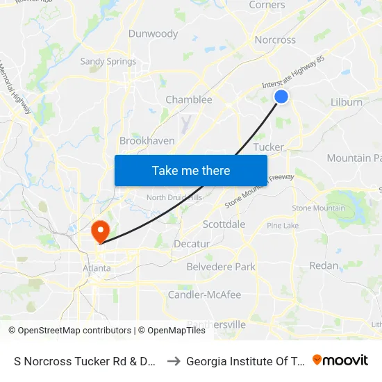 S Norcross Tucker Rd & Danbury Dr Ob to Georgia Institute Of Technology map