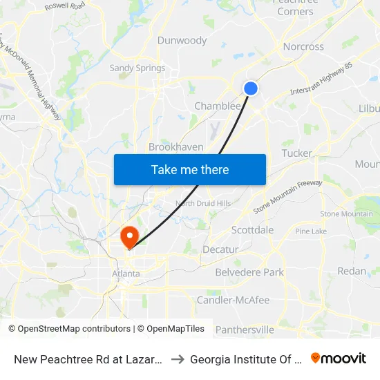 New Peachtree Rd at Lazaros Auto Rep Ib to Georgia Institute Of Technology map