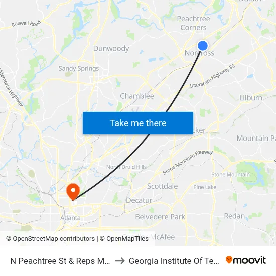 N Peachtree St & Reps Miller Road to Georgia Institute Of Technology map
